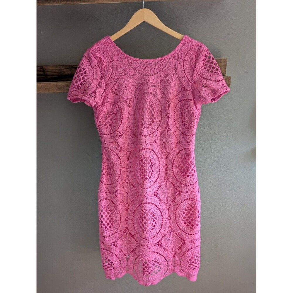 Bodycon Pink Medallion Crochet Lace Open Low Back  Dress Women's Size Large